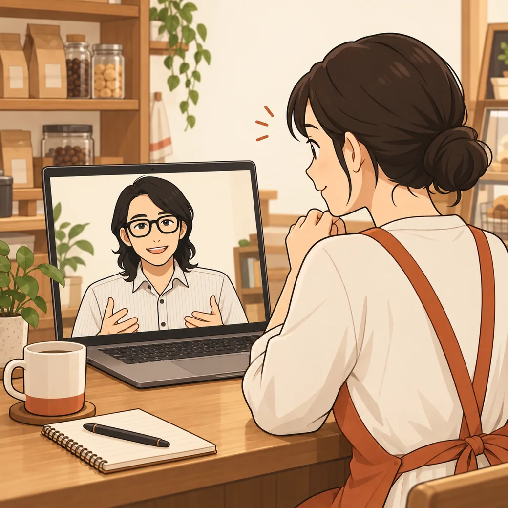 お店の人がオンラインであつまる君に相談している様子